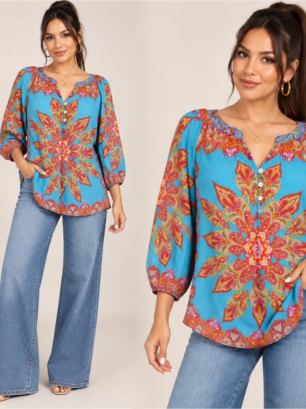 fig and flower Turquoise Multicolor Floral Medallion Peasant Blouse